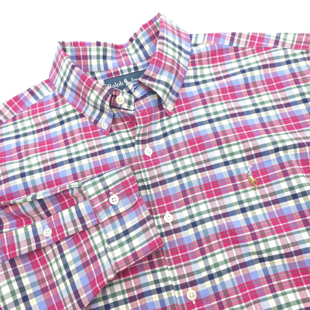Ralph Lauren Men's XL Classic Fit Flesh Pony Pink Pink/Green Plaid Oxford‎ Shirt